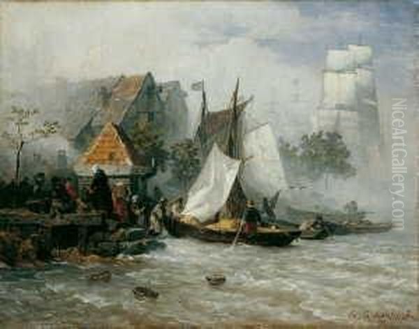 Fischerboote An Der Mole. 
Signiert Und Datiert Unten Rechts: A. Achenbach/77. Ol Auf Leinwand 
(doubliert). H 33; B 41 Cm. Provenienz: Galerie Utermann, Dortmund; 
Rheinische Privatsammlung. Oil Painting by Andreas Achenbach