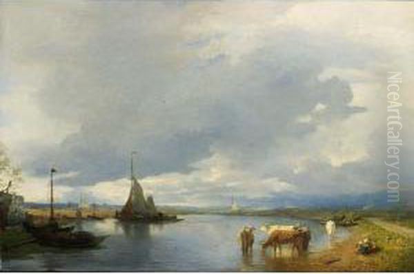 Watering Cattle In A River Landscape Oil Painting by Andreas Achenbach