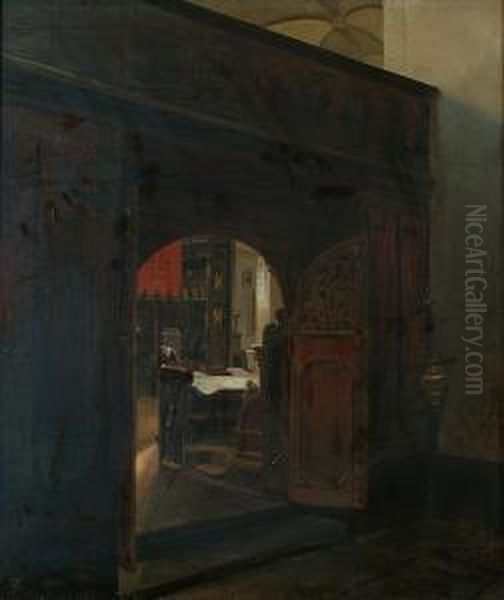 A Church Interior Oil Painting by Andreas Achenbach