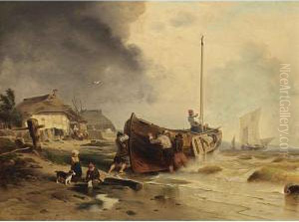 A Fishingboat On The Beach Oil Painting by Andreas Achenbach