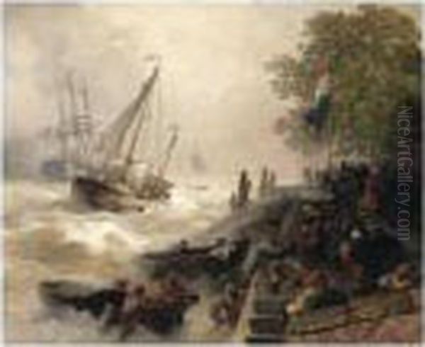 Hafeneinfahrt Bei Rauher See (return To Harbour In Rough Seas) Oil Painting by Andreas Achenbach