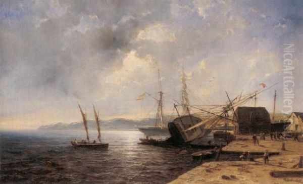 Boote Im Hafen Oil Painting by Andreas Achenbach