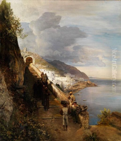 Die Kuste Von Amalfi Mit Der Stiege Zumkapuzinerkloster Oil Painting by Oswald Achenbach