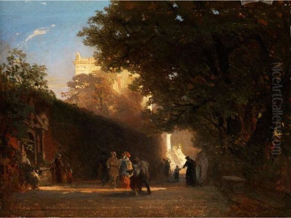 Italienische Villa Und Park Mitvornehmer Gesellschaft Und Priestern. Oil Painting by Oswald Achenbach