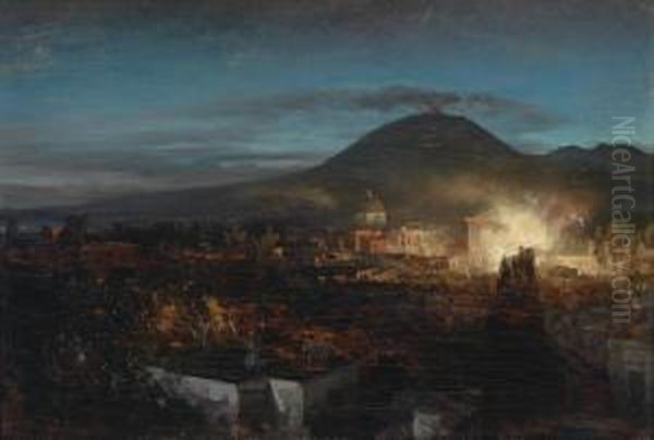 Fireworksat Torre Dell Annunziata Near Naples Oil Painting by Oswald Achenbach