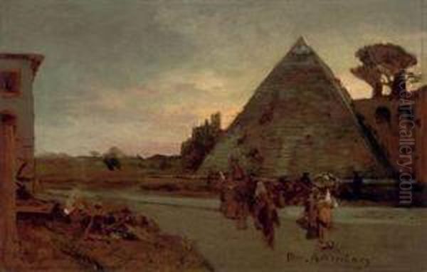 Travellers At The Pyramid Of Caius Ceastius, Rome Oil Painting by Oswald Achenbach