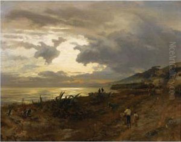 Die Amalfikuste (the Amalfi Coast) Oil Painting by Oswald Achenbach