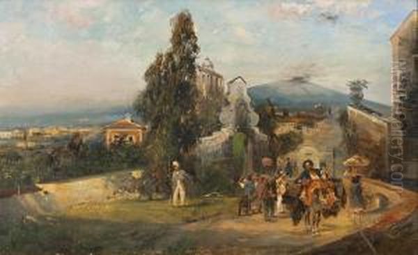 Reisegesellschaft Aufeiner Landstrase Mit Blick Auf Den Vesuv Oil Painting by Oswald Achenbach