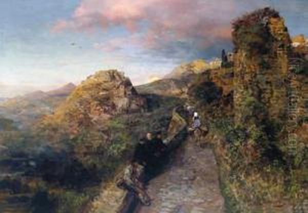 Sonnenuntergang Uber Einem Suditalienischen Bergstadtchen. Oil Painting by Oswald Achenbach