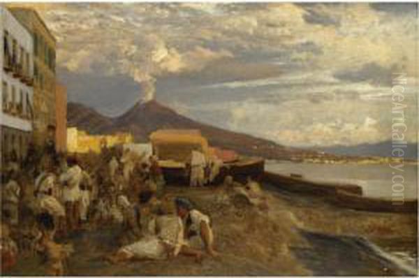 In Der Bucht Von Neapel (the Bay Of Naples, Vesuvius Beyond) Oil Painting by Oswald Achenbach