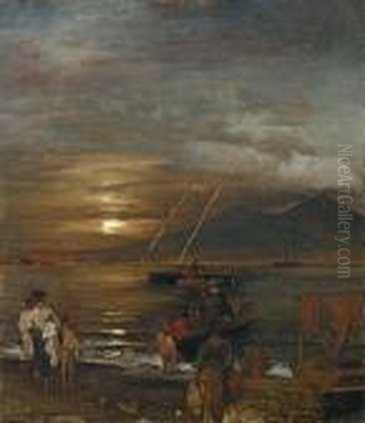 Die Bucht Von Neapel Im Mondschein Oil Painting by Oswald Achenbach