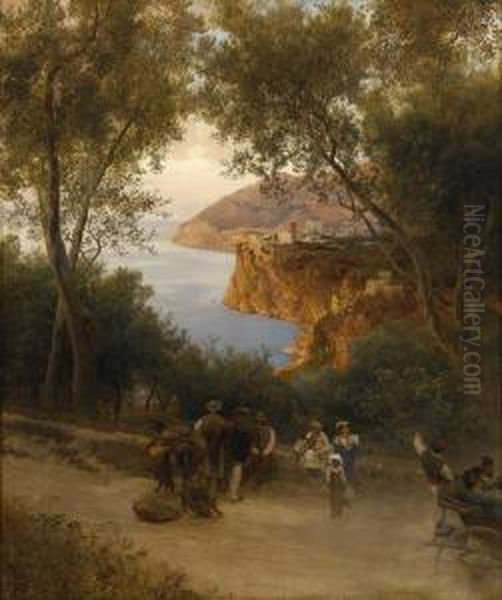 Kustenstrasse Bei Sorrent Oder Capri. Oil Painting by Oswald Achenbach