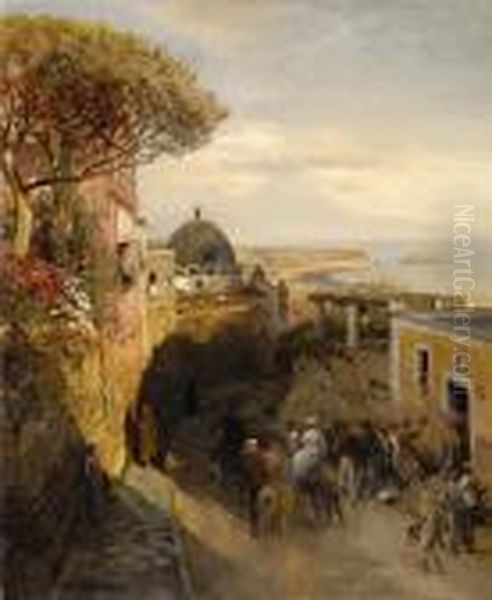 Neapolitanische Strasenszene Mit Regem Treiben. Oil Painting by Oswald Achenbach