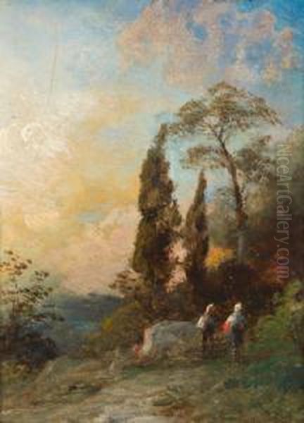 Sudliche Landschaft Mit Zwei Figuren Oil Painting by Oswald Achenbach