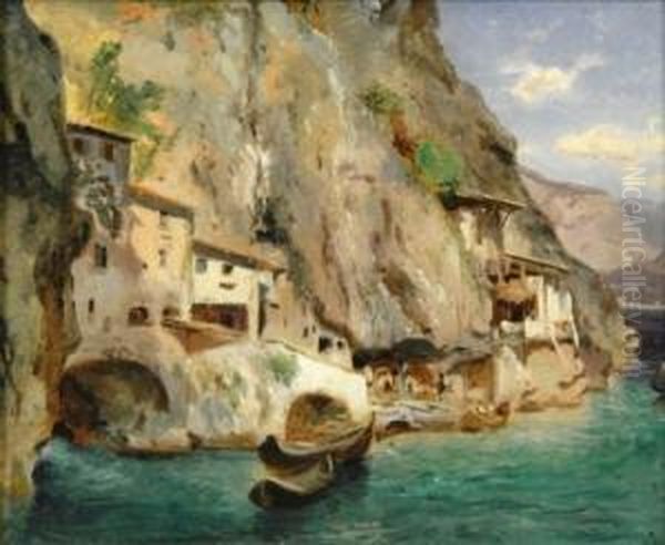 Fishermen's Huts On A Steep Southern Coast Oil Painting by Oswald Achenbach