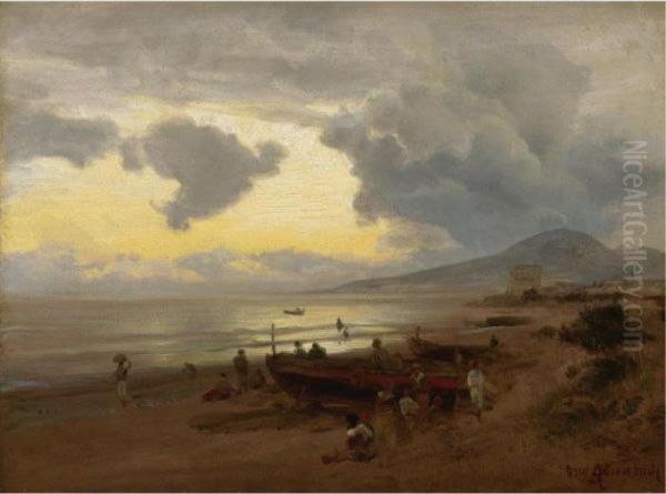 Sunset On The Shore Oil Painting by Oswald Achenbach