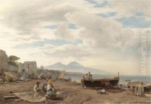 Fischer Am Strand Von Amalfi, Im
 Hintergrund Der Vesuv (fishermen On The Amalfi Coast With Mount 
Vesuvius Beyond) Oil Painting by Oswald Achenbach