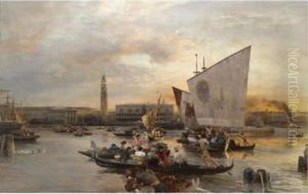 Blick Gen Dogenpalast Und St. Marco (view Of The Doges Palace And St. Mark's) Oil Painting by Oswald Achenbach