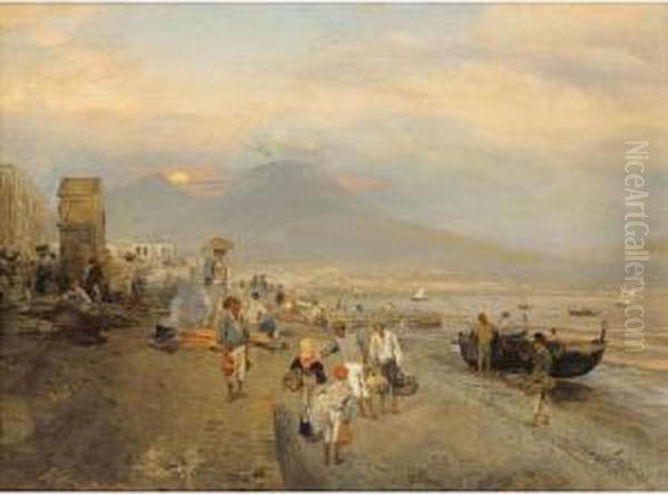 Vue De Naples Au Soleil Couchant
 [ ; View Of Naples, Sunset ; Oil On Canvas ; Traces Of Signature Under 
An Added Signature Osw Achenbach] Oil Painting by Oswald Achenbach