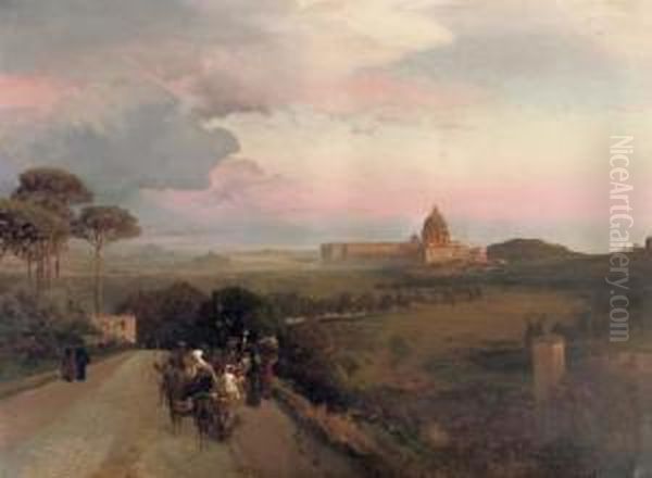 Pilgrims On The Via Cassia, Rome Oil Painting by Oswald Achenbach