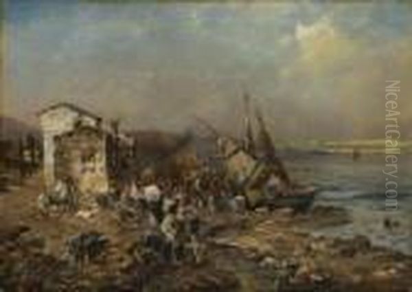 Fischmarkt An Italienischer
 Meereskuste. Oil Painting by Oswald Achenbach