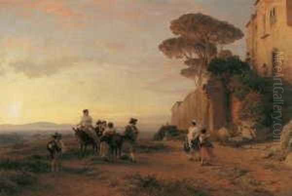 Landleute Vor Einer Villa In Der
 Romischen Campagna.

 Signiert Unten Rechts: Osw. Oil Painting by Oswald Achenbach