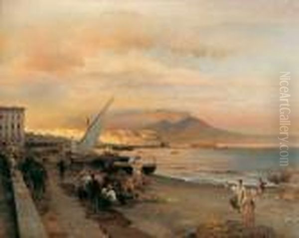 Am Strand Von Neapel. Im
 Hintergrund Der Vesuv.

 Signiert Und Datiert Unten Links: Osw. Achenbach Oil Painting by Oswald Achenbach