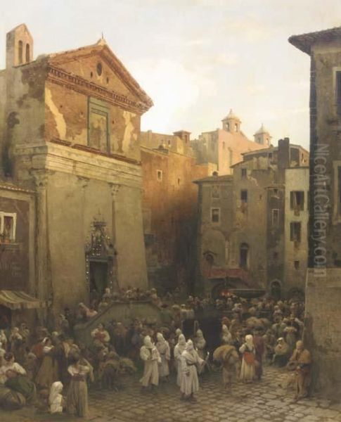 A Procession In Palestrina, Italy Oil Painting by Oswald Achenbach