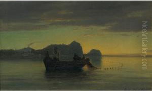 Sunset In The Bay Of Naples Oil Painting by Oswald Achenbach