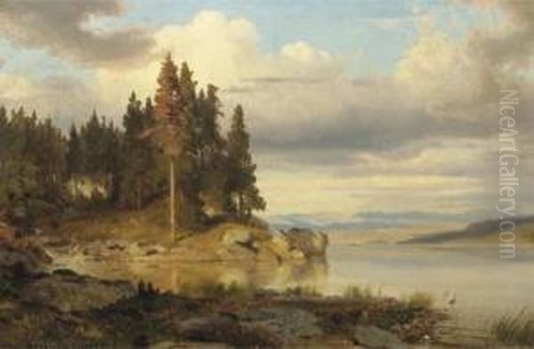 Calm Autumn Day By A Lake, Hills In The Distance Oil Painting by Oswald Achenbach