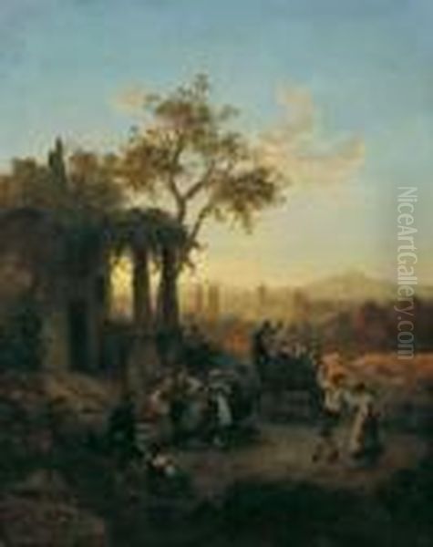 Frohlicher Tanz Vor Der Osteria.
 Signiert Und Datiert Unten Links: Osw. Achenbach/1899. Ol Auf Leinwand 
(doubliert). H 80; B 64 Cm. Oil Painting by Oswald Achenbach