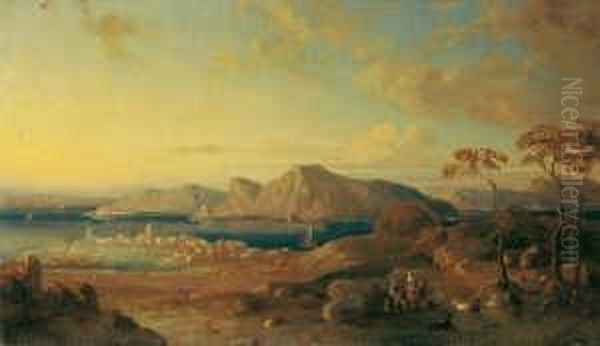 Italienische Kustenlandschaft. 
Signiert Und Datiert Unten Links: Osw. Achenbach 18... Ol Auf Leinwand. H
 23,7; B 40,5 Cm. Oil Painting by Oswald Achenbach