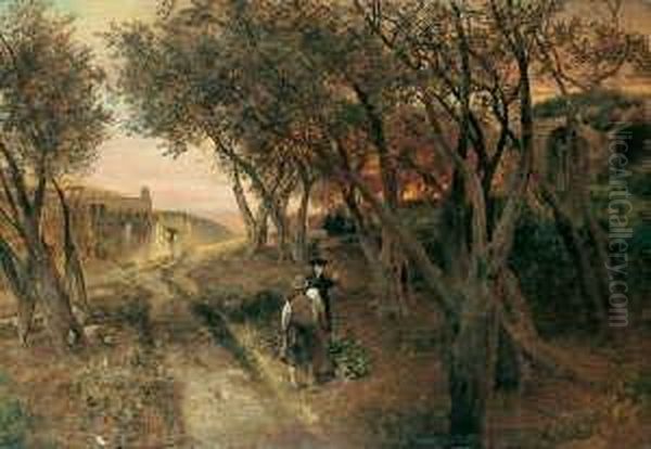 In Der Umgebung Von Castel 
Gandolfo. Signiert Und Datiert Unten Rechts: Osw. Achenbach 1887. Ol Auf
 Leinwand. H 81; B 116 Cm. Oil Painting by Oswald Achenbach