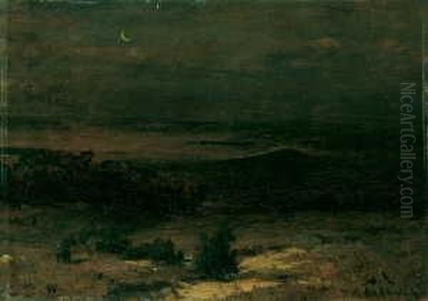 Nachtliche Landschaft Mit Der 
Sichel Des Neumondes. Signiert Unten Rechts: Osw. Achenbach. Datiert 
Unten Links: 30/10.71. Ol Auf Holz. H 28; B 38 Cm. Oil Painting by Oswald Achenbach