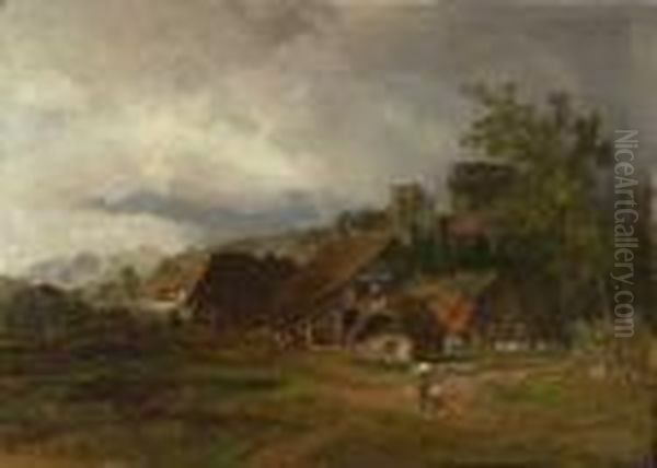 Sommertag Uber Einer Festungsruine Und Reetgedeckten Bauernhausern Oil Painting by Oswald Achenbach