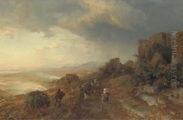 Figures On A Track In An Italian Coastal Landscape Oil Painting by Oswald Achenbach