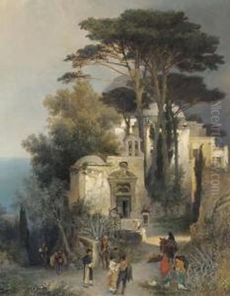 Villagers By A Square In Southern Italy Oil Painting by Oswald Achenbach