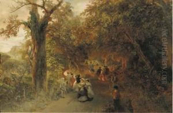 An Evening Stroll On The Road To Castel Gandolfo, Italy Oil Painting by Oswald Achenbach