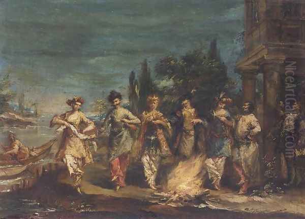 Three Couples in Exotic Dress Dancing in front of a Fire Oil Painting by Francesco Guardi