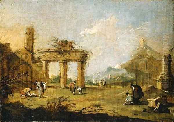 A capriccio of figures amongst ruins, a mountain beyond Oil Painting by Francesco Guardi