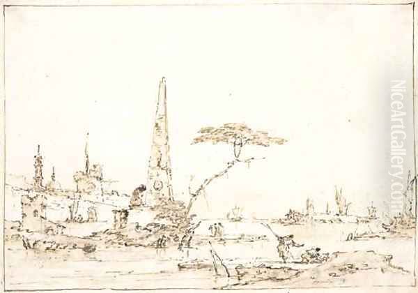 A capriccio of the Venetian Lagoon with an obelisk outside a fortified town, figures in the foreground Oil Painting by Francesco Guardi