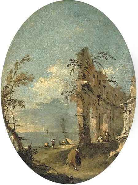 A capriccio of the Venetian lagoon, with figures by classical ruins Oil Painting by Francesco Guardi