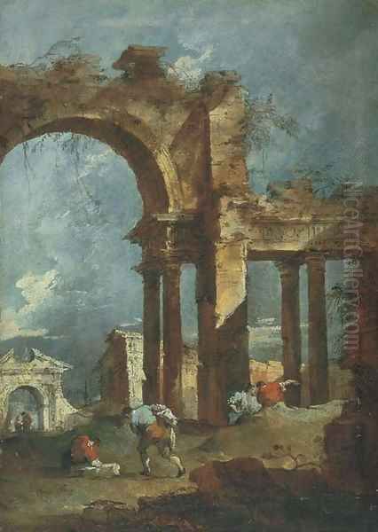 An architectural capriccio with figures in front of a ruined arch, with other ruins beyond Oil Painting by Francesco Guardi