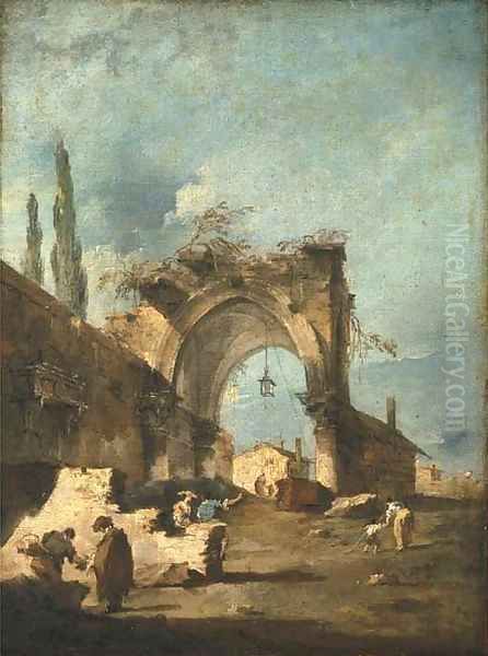 A capriccio of buildings on the laguna with figures by a ruined arch Oil Painting by Francesco Guardi