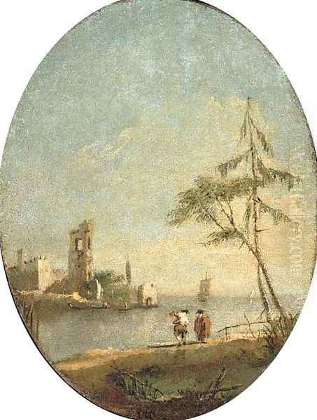 A capriccio of the Venetian lagoon with figures by the shore Oil Painting by Francesco Guardi