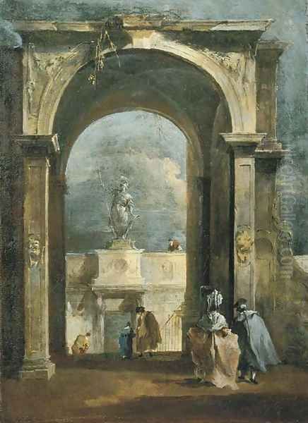 An architectural capriccio with elegant figures and a classical arch, a statue above a portico in the distance Oil Painting by Francesco Guardi