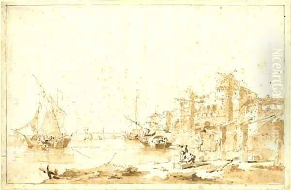 An imaginary view of a Venetian lagoon with a fortress by the shore Oil Painting by Francesco Guardi