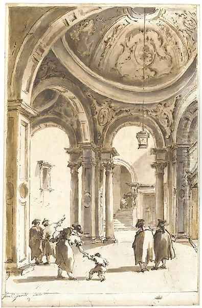 Figures in a loggia below an elaborately stuccoed cupola, a courtyard beyond Oil Painting by Francesco Guardi