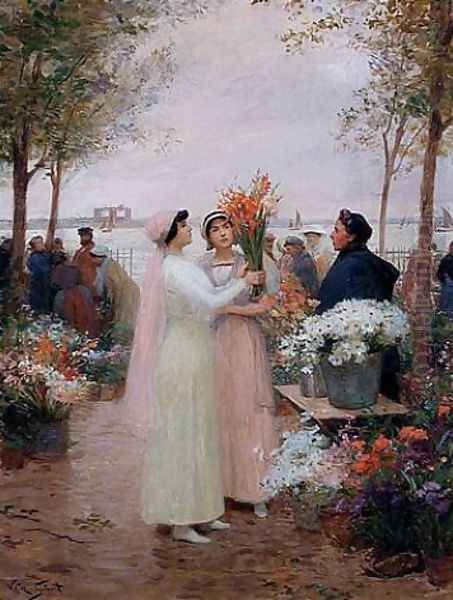 Elegantes au Marches aux Fleurs Oil Painting by Victor-Gabriel Gilbert