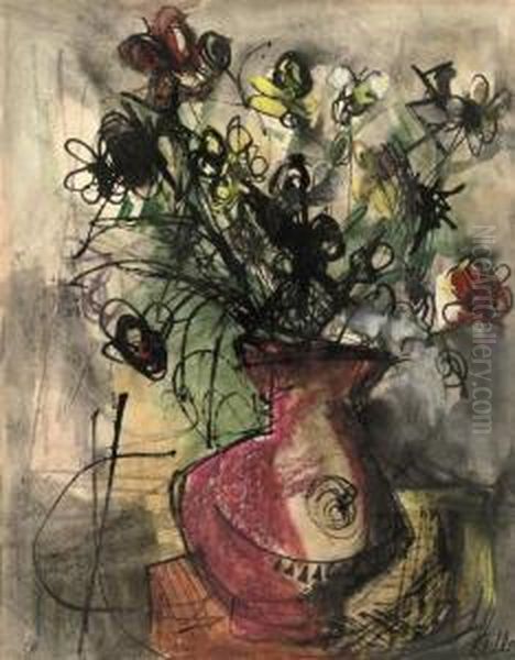 Flowers In A Pink Vase Oil Painting by Jankel Adler